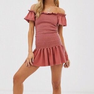 ASOS DESIGN off shoulder shirred‎ sundress in oil wash